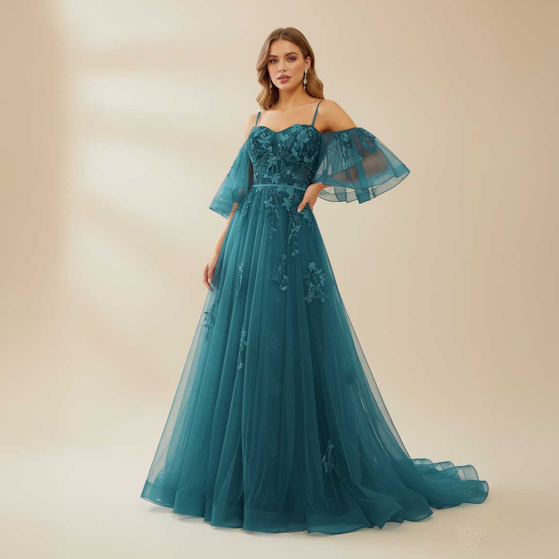 Teal Maxi Tulle Formal Prom Dress with Off Shoulder Sleeves XH1068