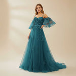 Teal Maxi Tulle Formal Prom Dress with Off Shoulder Sleeves XH1068