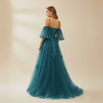 Teal Maxi Tulle Formal Prom Dress with Off Shoulder Sleeves XH1068