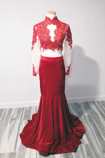 Red 2 Piece Velvet Lace Prom Dress