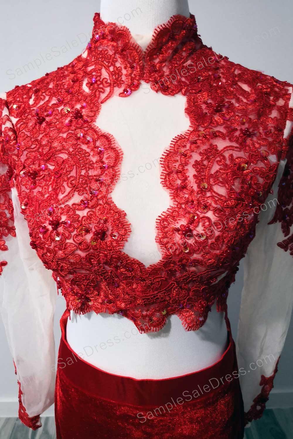 Red 2 Piece Velvet Lace Prom Dress