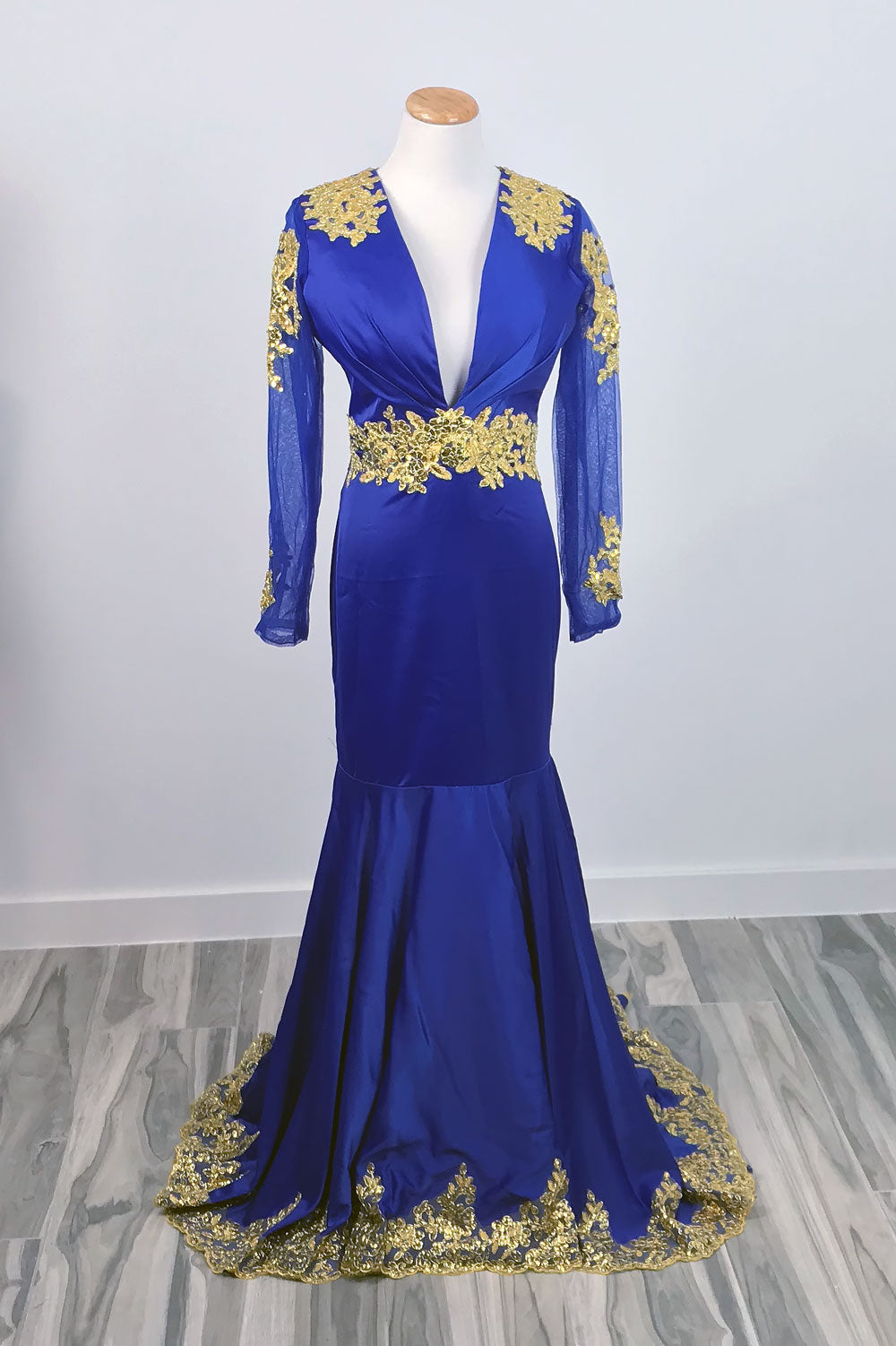 Royal Blue and Gold Mermaid Prom Dress with Open Back XH1015 Sample Sale Dress Royal Blue and Gold Mermaid Prom Dress with Open Back XH1015 Sample Sale Dress
