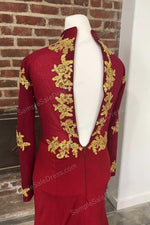 Burgundy Gold Lace Formal Prom Dress with Long Sleeves