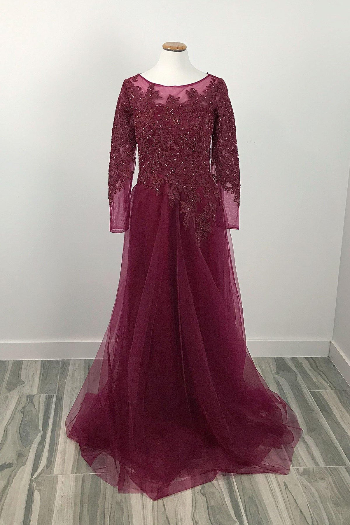 Burgundy Long Formal Dress with Long Sleeves | XH1009 - Sample Sale Dress