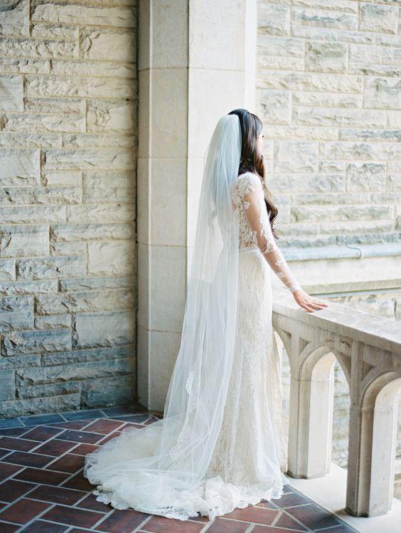 Long Plain Tulle Chapel and Cathedral Length Wedding Veil - Sample Sale Dress