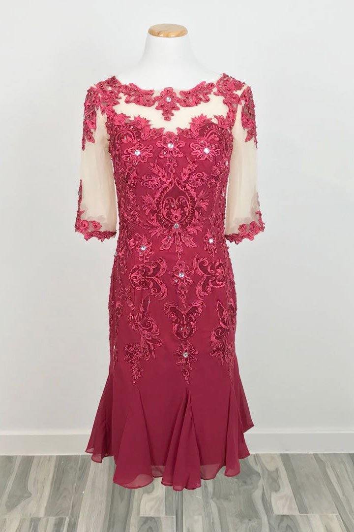 Dark Red Mother of Bride Groom Dress with Short Sleeves - Sample Sale Dress