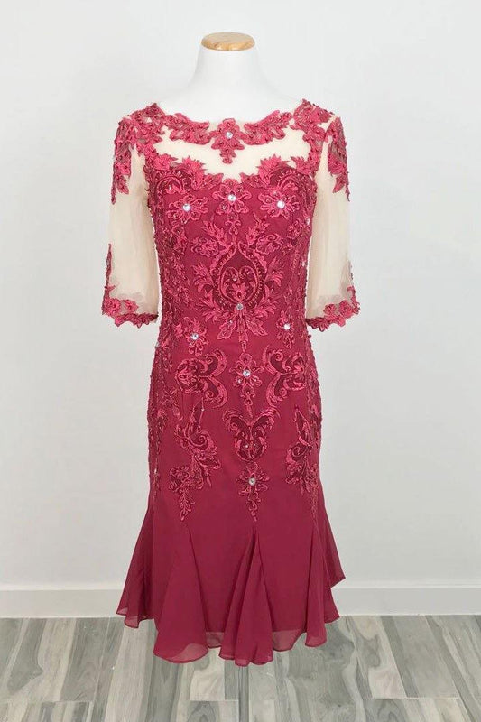 Dark Red Mother of Bride Groom Dress with Short Sleeves - Sample Sale Dress