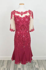Dark Red Mother of Bride Groom Dress with Short Sleeves - Sample Sale Dress