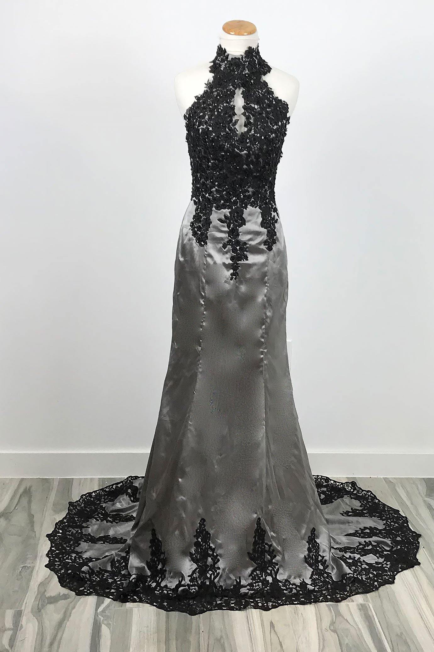 Elegant Black Lace Gray Halter Lace Mermaid Prom Evening Dress Sample Sale Dress Elegant Black Lace Gray Halter Lace Mermaid Prom Evening Dress Sample Sale Dress