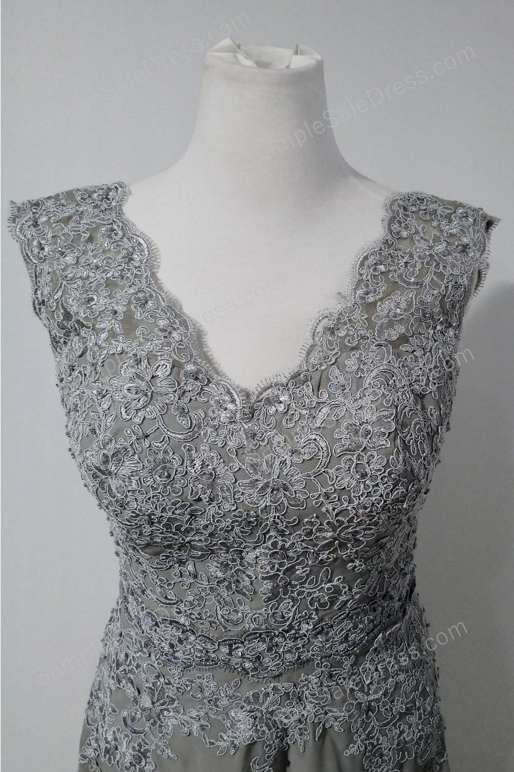 Gray Tea Length Lace Mother of Bride Groom Dress | XH1005