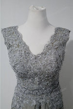 Gray Tea Length Lace Mother of Bride Groom Dress | XH1005