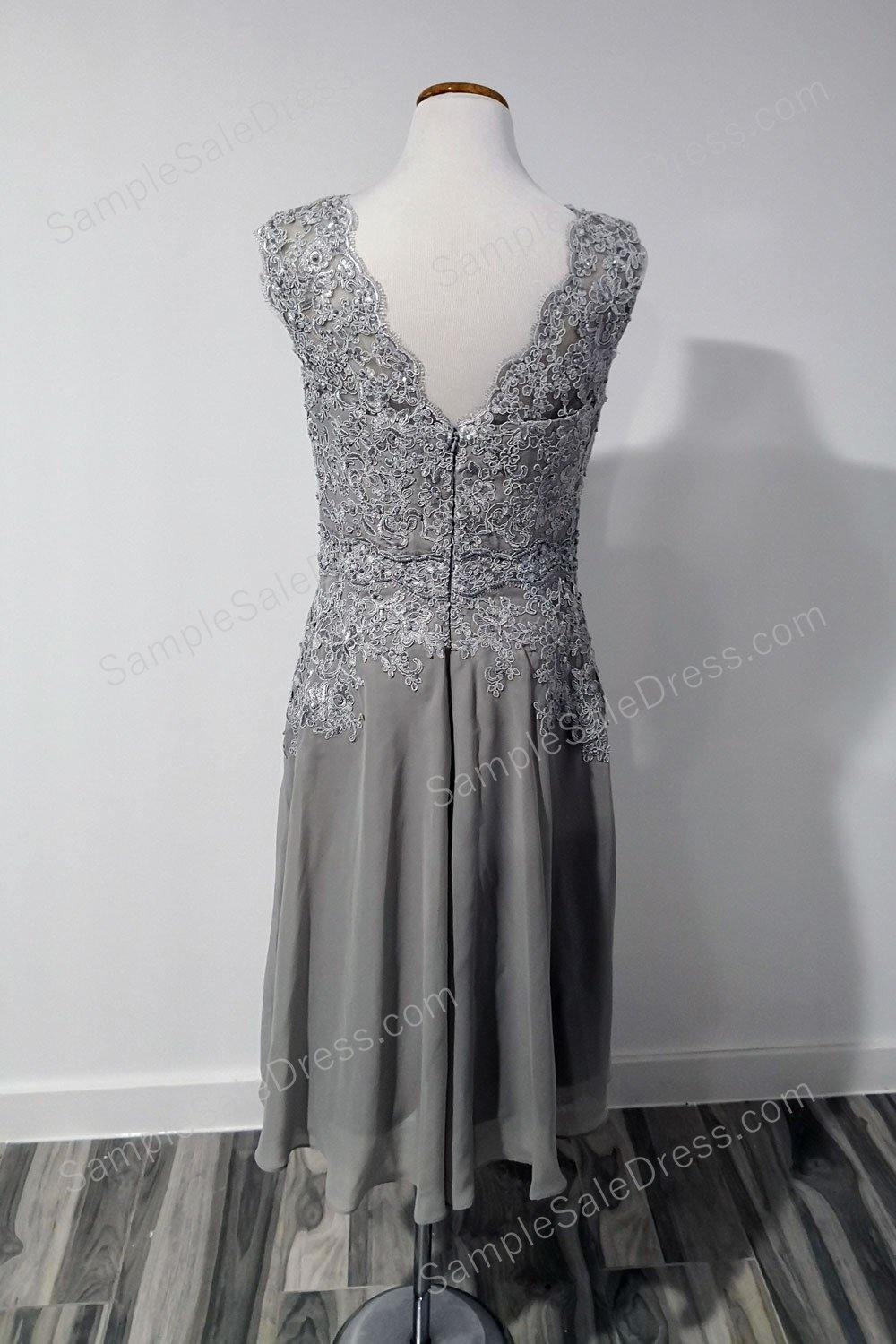 Gray Tea Length Lace Mother of Bride Groom Dress | XH1005