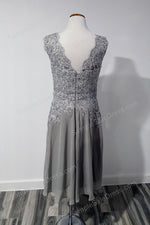 Gray Tea Length Lace Mother of Bride Groom Dress | XH1005