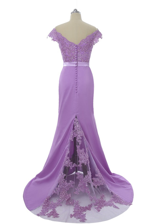 Purple Lilac Off the Shoulder Lace Sleek Prom Evening Dress XH1027