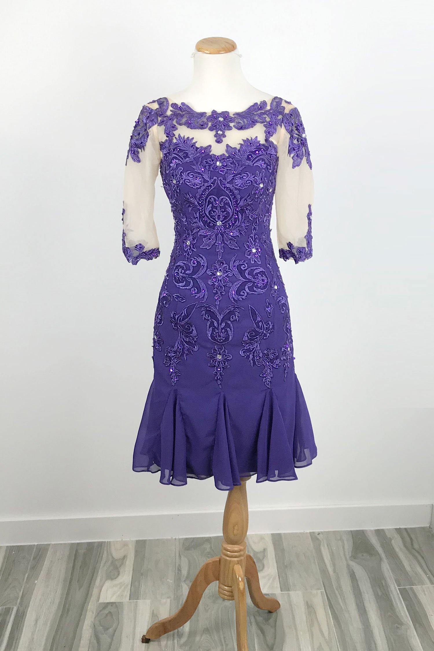 purple mother of the groom dresses tea length Shirees Purple Sheath Satin Tea-Length Mother of the Bride & Groom Dresses with 3/4 Bell Sleeves & Crystal Embellished Belt 2026