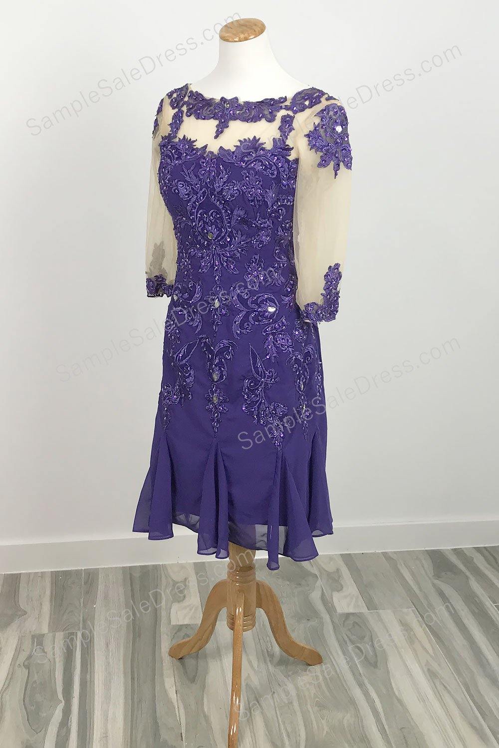purple short lace mother of bride groom dress with sleeves