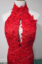 Halter Red Mermaid Prom Formal Evening Dress with Open Back