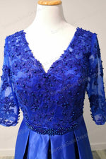 Blue Formal Satin Evening Dress with Half Sleeves