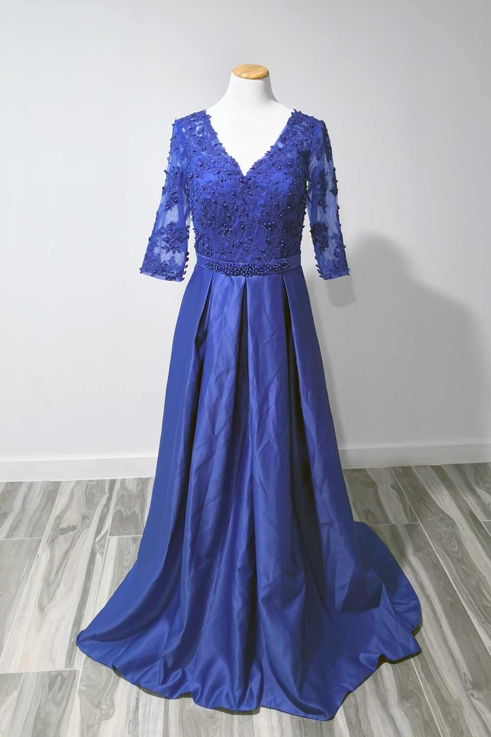 Blue Formal Satin Evening Dress with Half Sleeves Sample Sale Dress Blue Formal Satin Evening Dress with Half Sleeves Sample Sale Dress