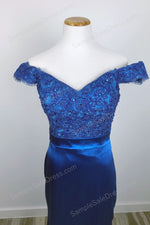 Royal Blue Off the Shoulder Lace Sleek Prom Evening Dress XH1027