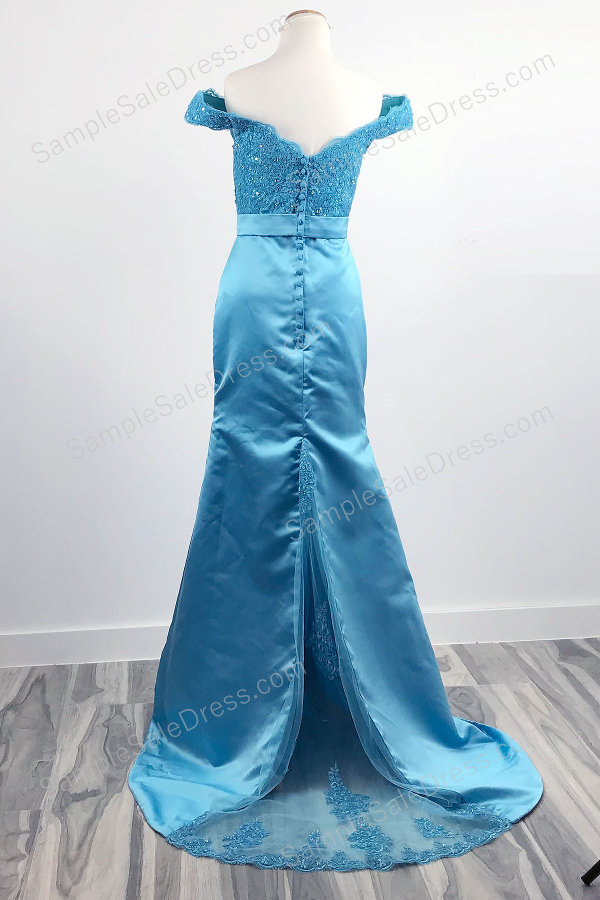 Turquoise Off the Shoulder Lace Sleek Prom Evening Dress - Sample Sale Dress