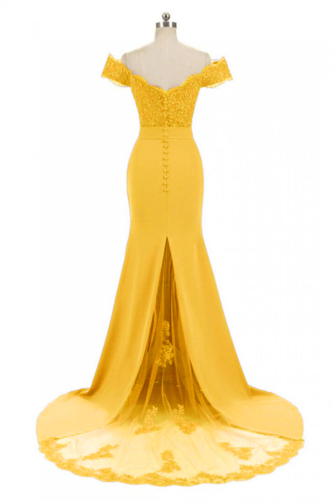 Bright Yellow Off the Shoulder Maxi Lace Prom Evening Dress
