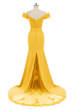 Bright Yellow Off the Shoulder Maxi Lace Prom Evening Dress