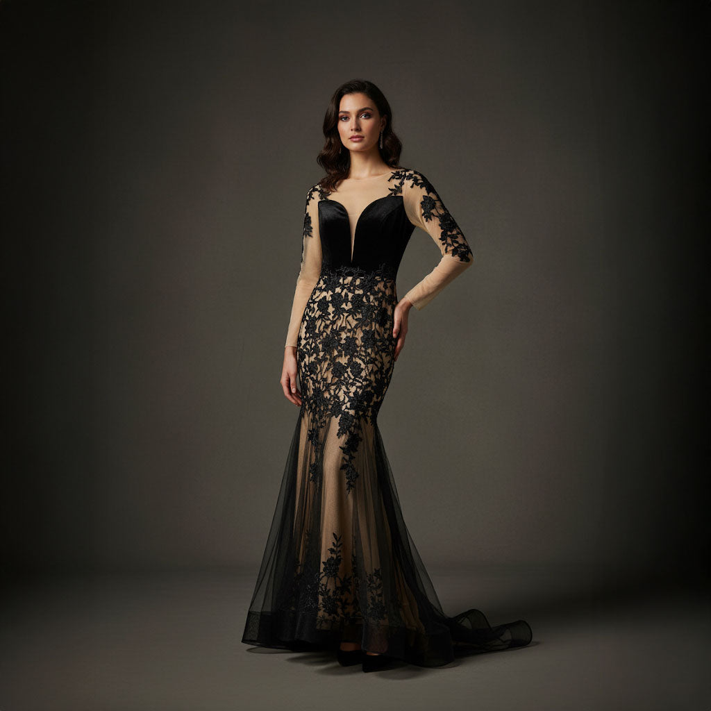 Maxi Fitted Black Lace Formal Evening Dress
