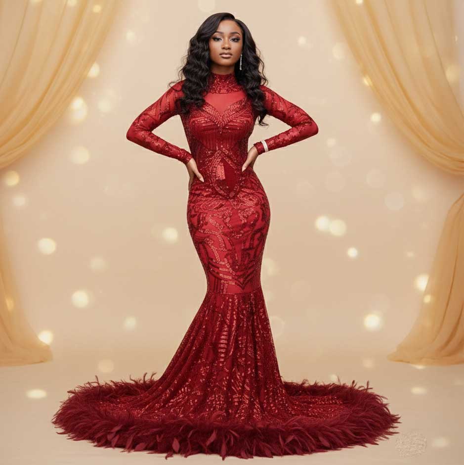 Sparkly Red Maxi Sequins Prom Dress with Feather Skirt Hem XH1065