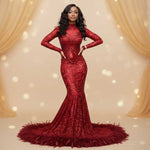Sparkly Red Maxi Sequins Prom Dress with Feather Skirt Hem XH1065