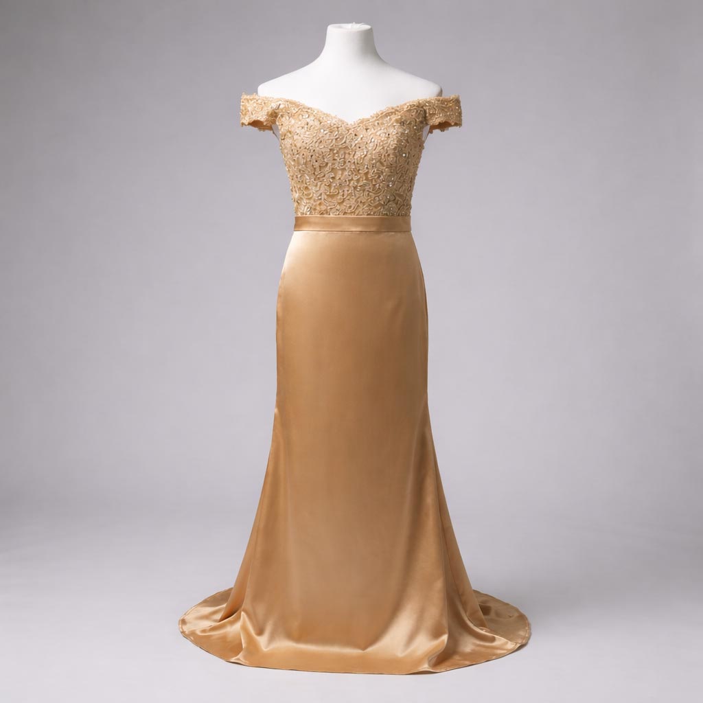 Champagne Maxi Slim Formal Evening Dress Satin and Lace XH1027