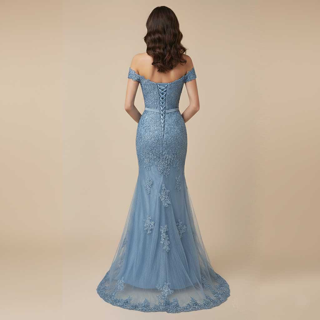 Dusty Blue Maxi Fitted Lace Prom Evening Dress XH1063