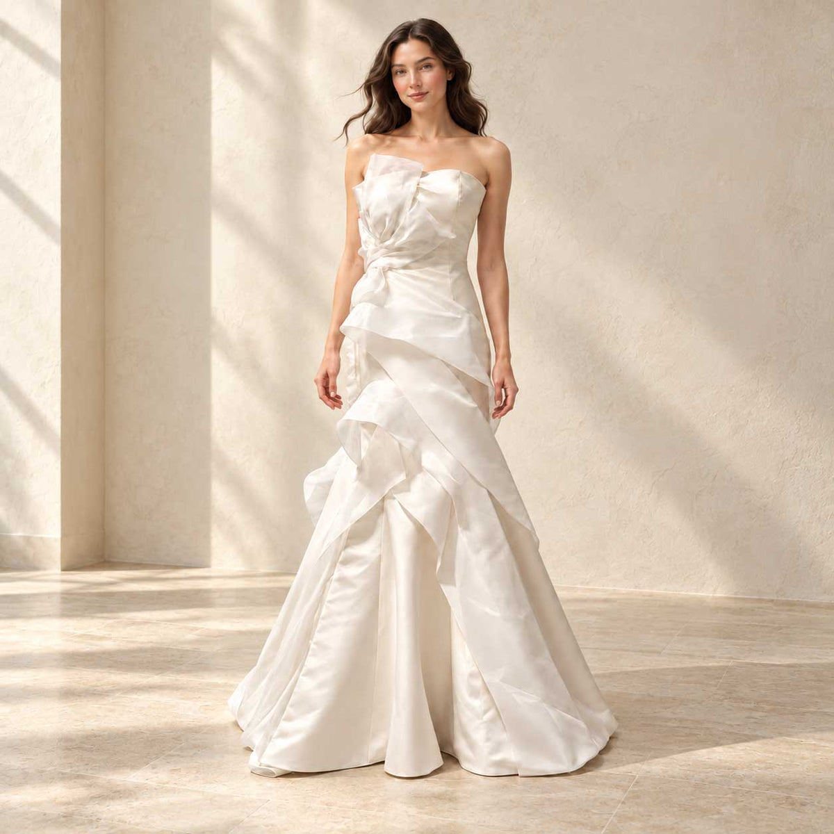 Ivory Strapless Satin Mermaid Wedding Dress with Organza Bow – Size 0