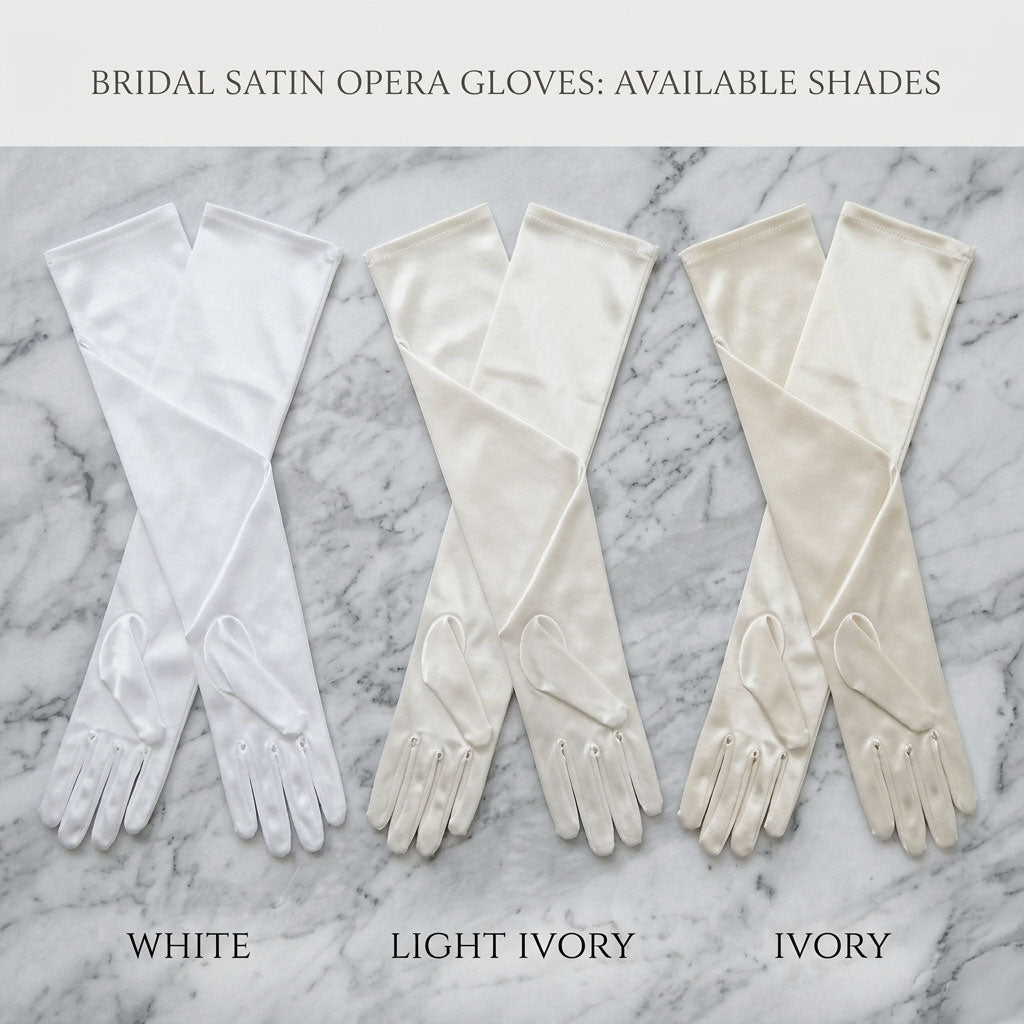 Long White and Ivory Satin Gloves For Debutante, Weddings, Opera and Stage Performance