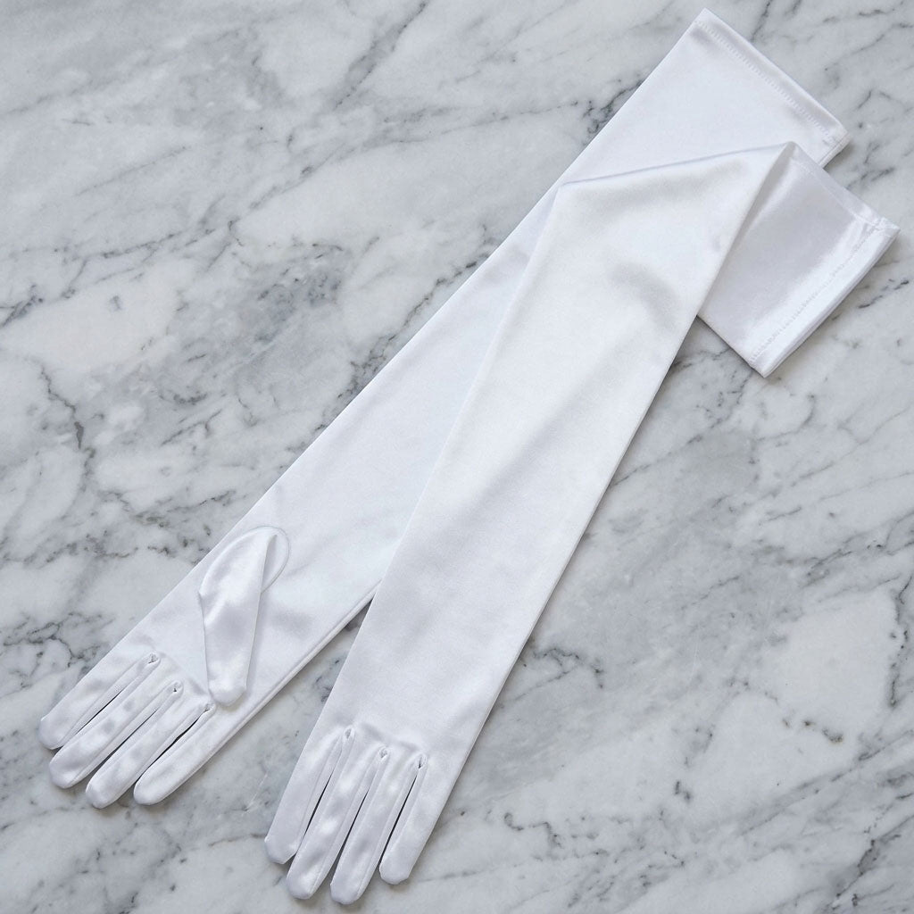 Long White and Ivory Satin Gloves For Debutante, Weddings, Opera and Stage Performance