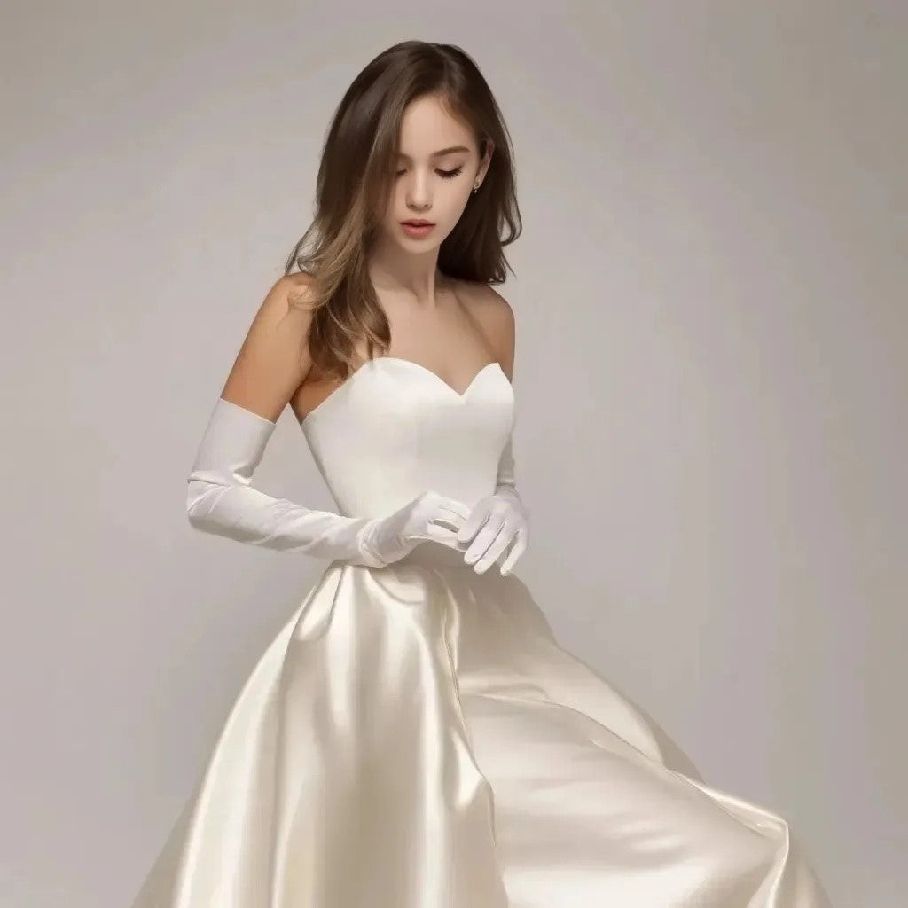 Long White and Ivory Satin Gloves For Debutante, Weddings, Opera and Stage Performance