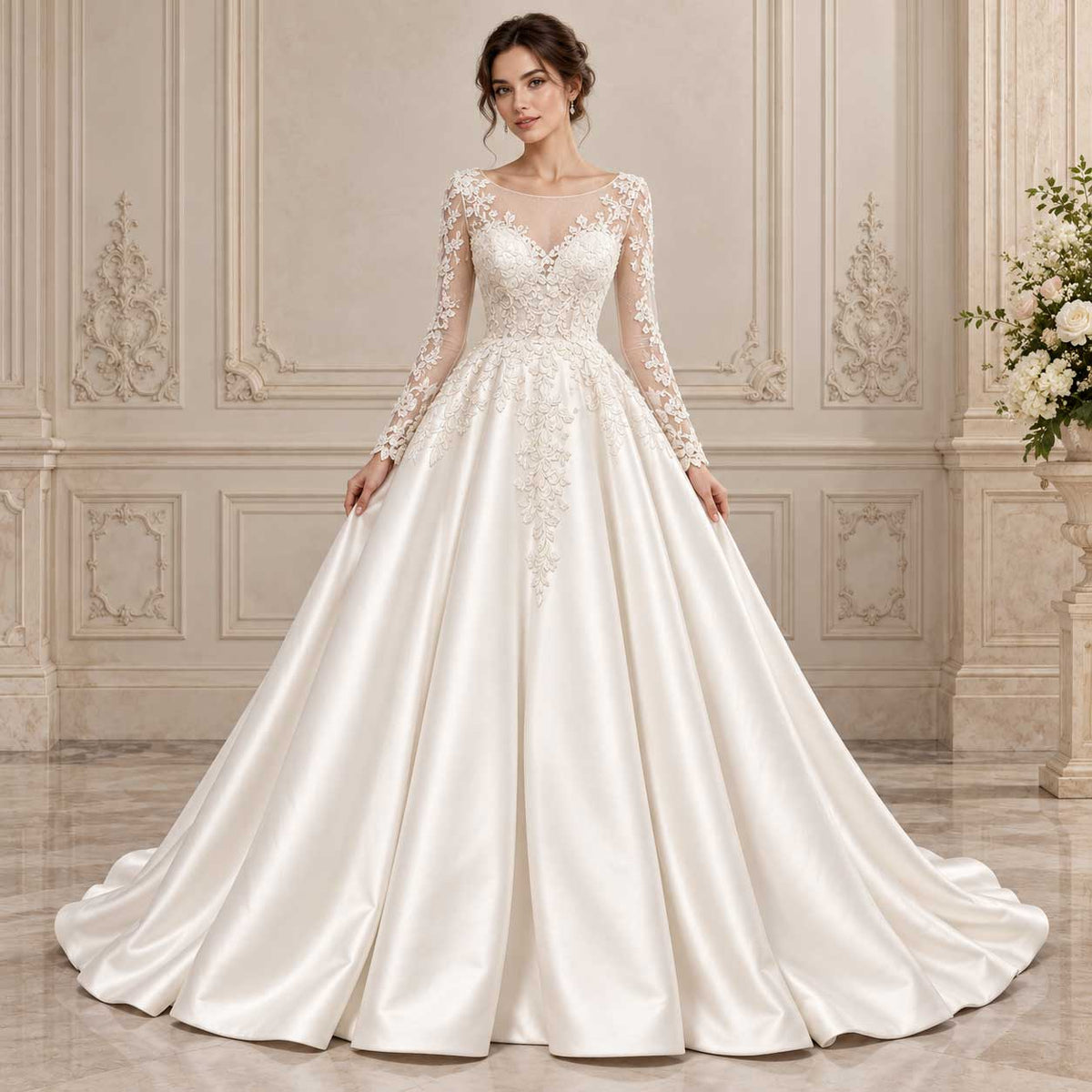 Ivory Lace A-line Wedding Dress with Cathedral Train