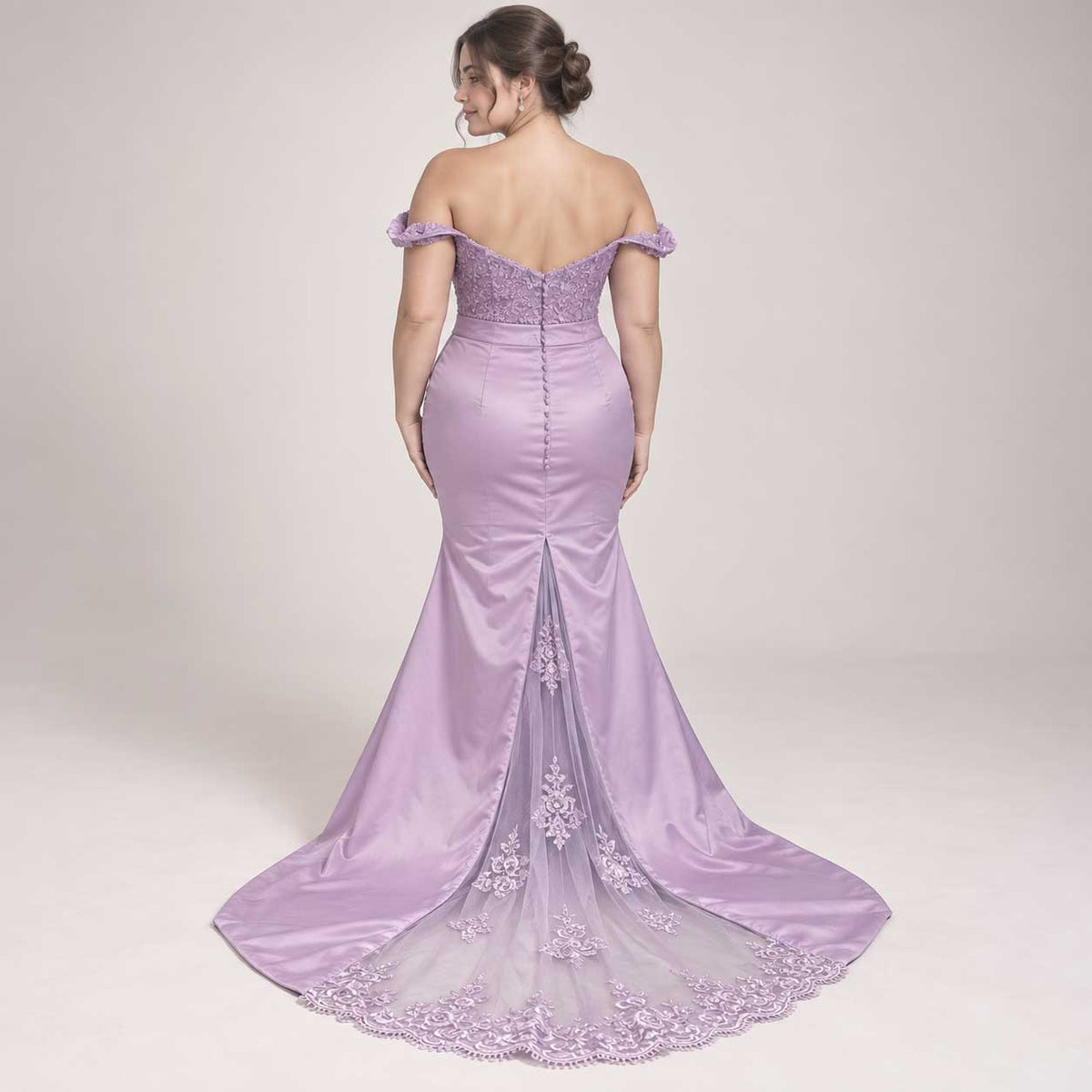 Lavender Off-the-Shoulder Lace Mermaid Formal Dress with Train | XH1027