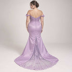 Lavender Off-the-Shoulder Lace Mermaid Formal Dress with Train | XH1027