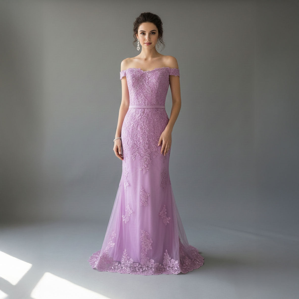 Magento Pink Maxi Fitted Lace Off the Shoulder Prom Evening Dress XH1063