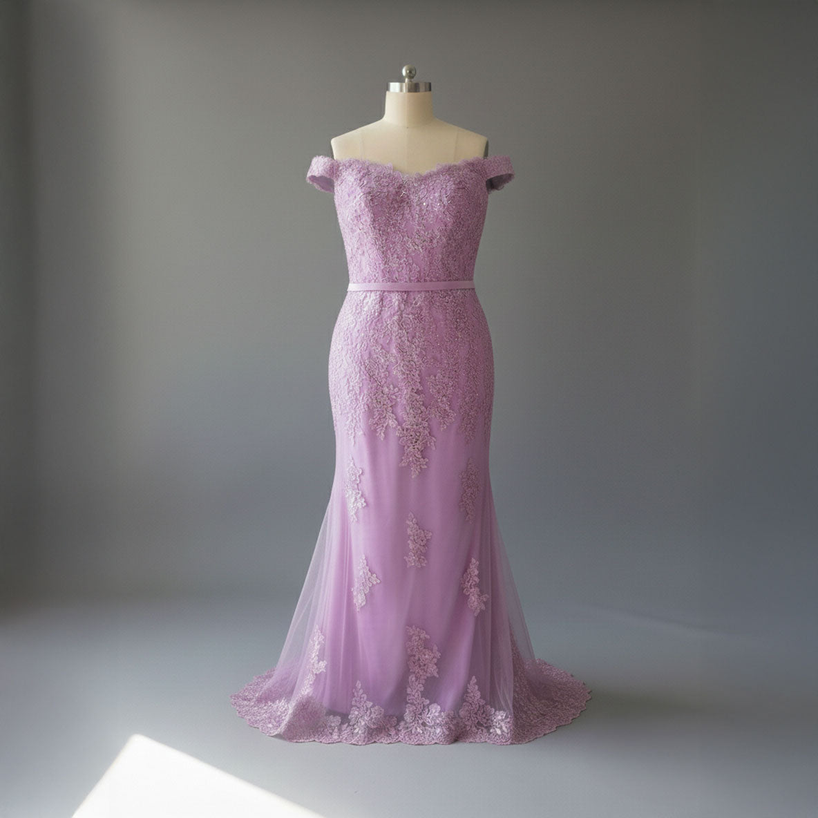 Magento Pink Maxi Fitted Lace Off the Shoulder Prom Evening Dress XH1063