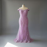 Magento Pink Maxi Fitted Lace Off the Shoulder Prom Evening Dress XH1063