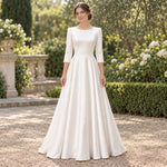 Modest White A-Line Wedding Dress with 3/4 SleevesXH1078