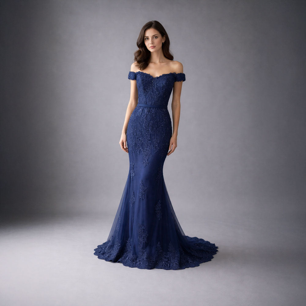 Navy Blue Maxi Fitted Lace Off the Shoulder Prom Evening Dress XH1063