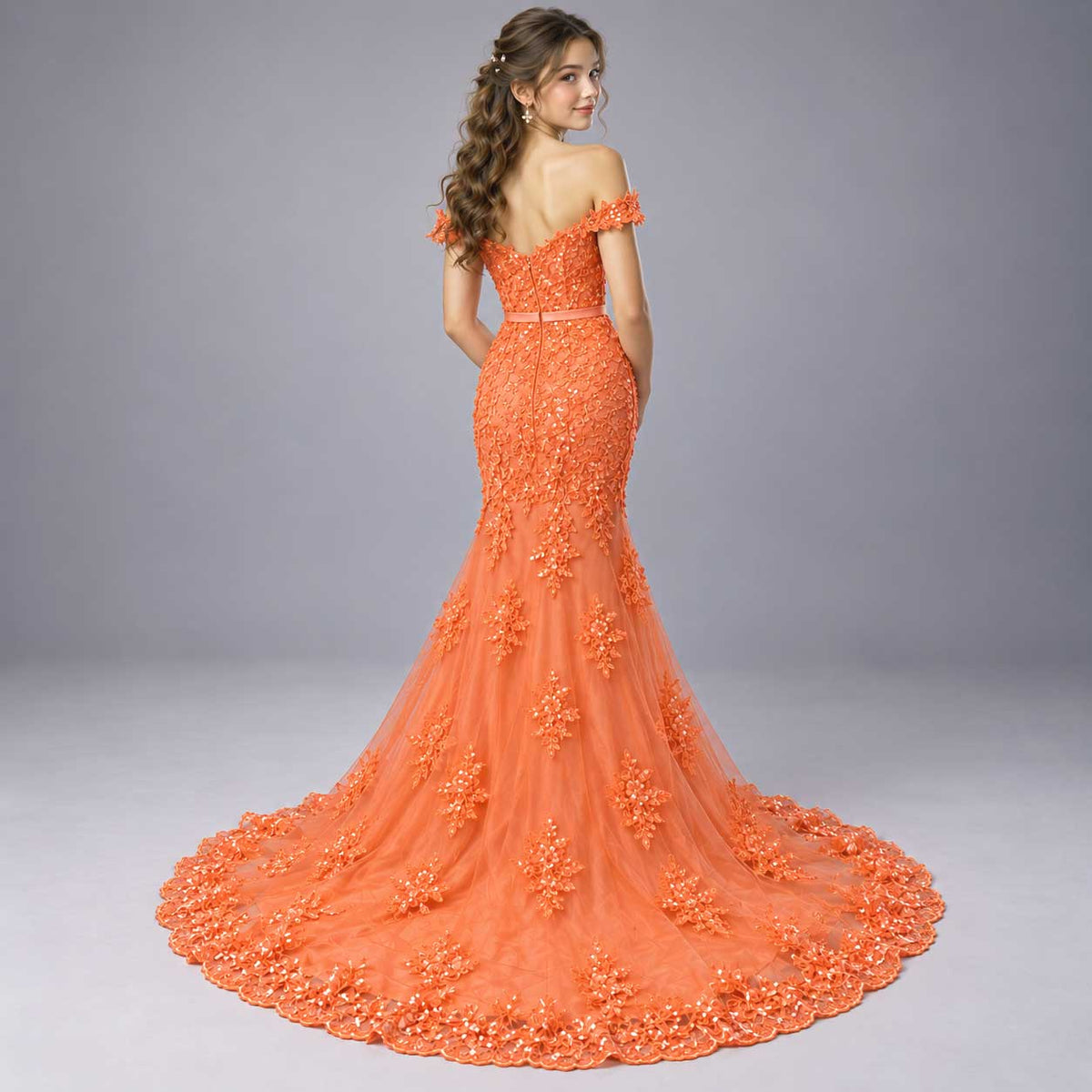 Tangerine Orange Maxi Fitted Lace Formal Prom Evening Dress | XH1063