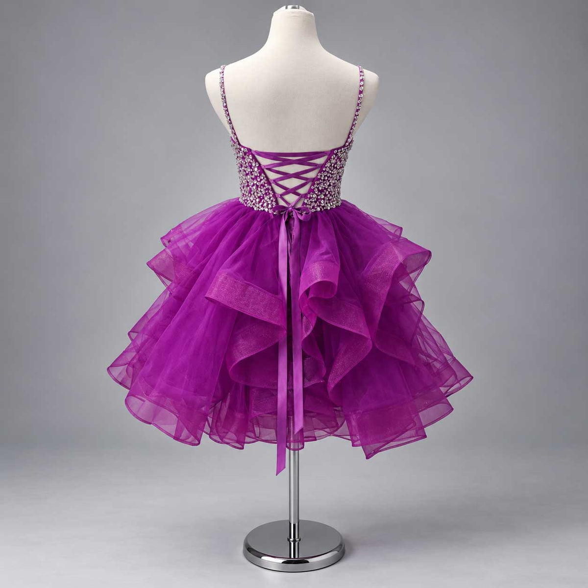 Purple Sparkly Sequin Cocktail Mini Ruffle Dress with Corset Back