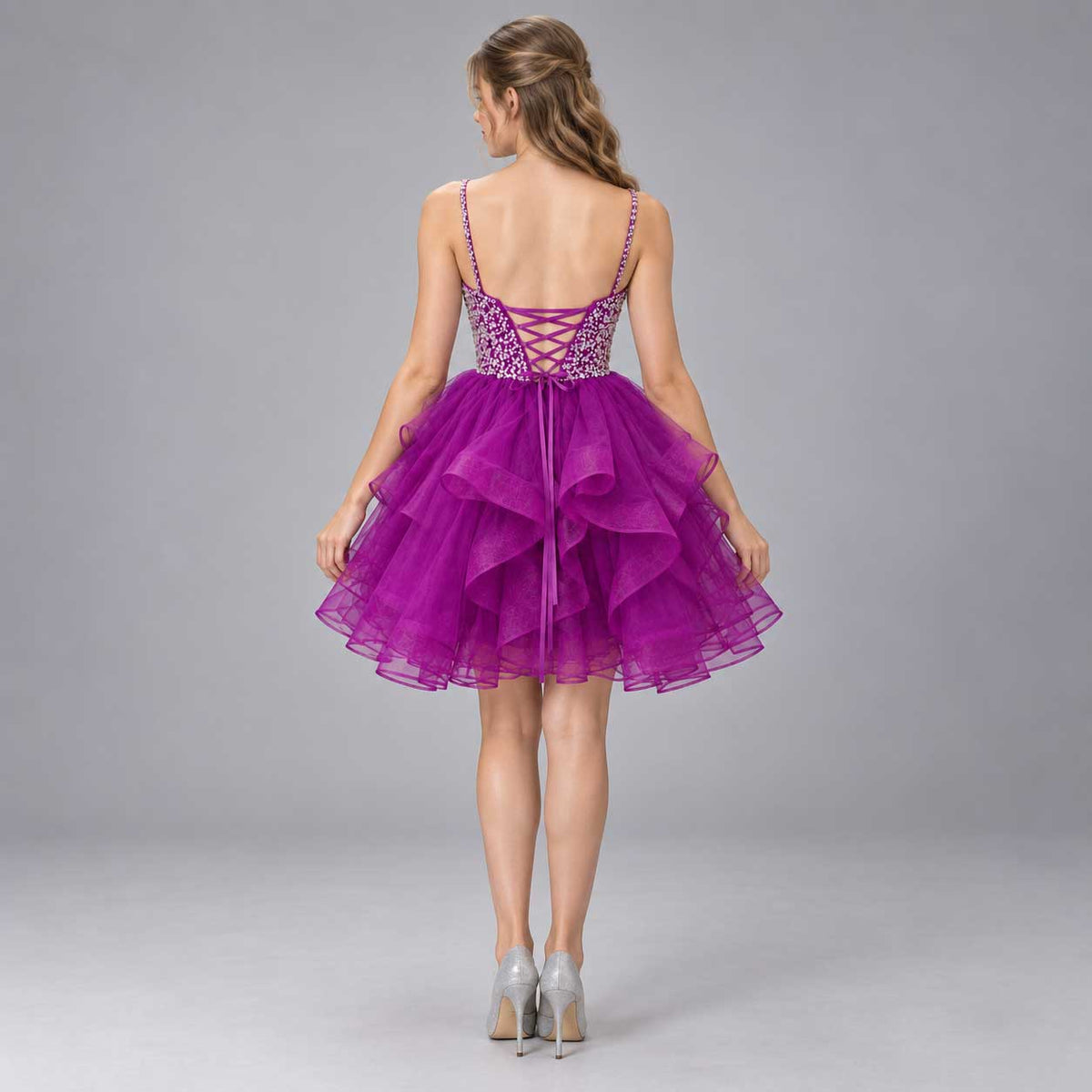 Purple Sparkly Sequin Cocktail Mini Ruffle Dress with Corset Back