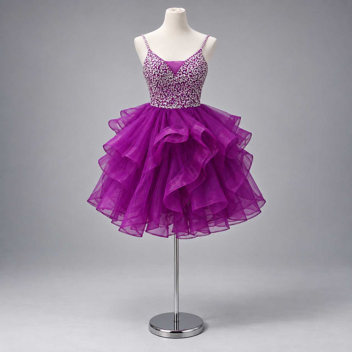 Purple Sparkly Sequin Cocktail Mini Ruffle Dress with Corset Back