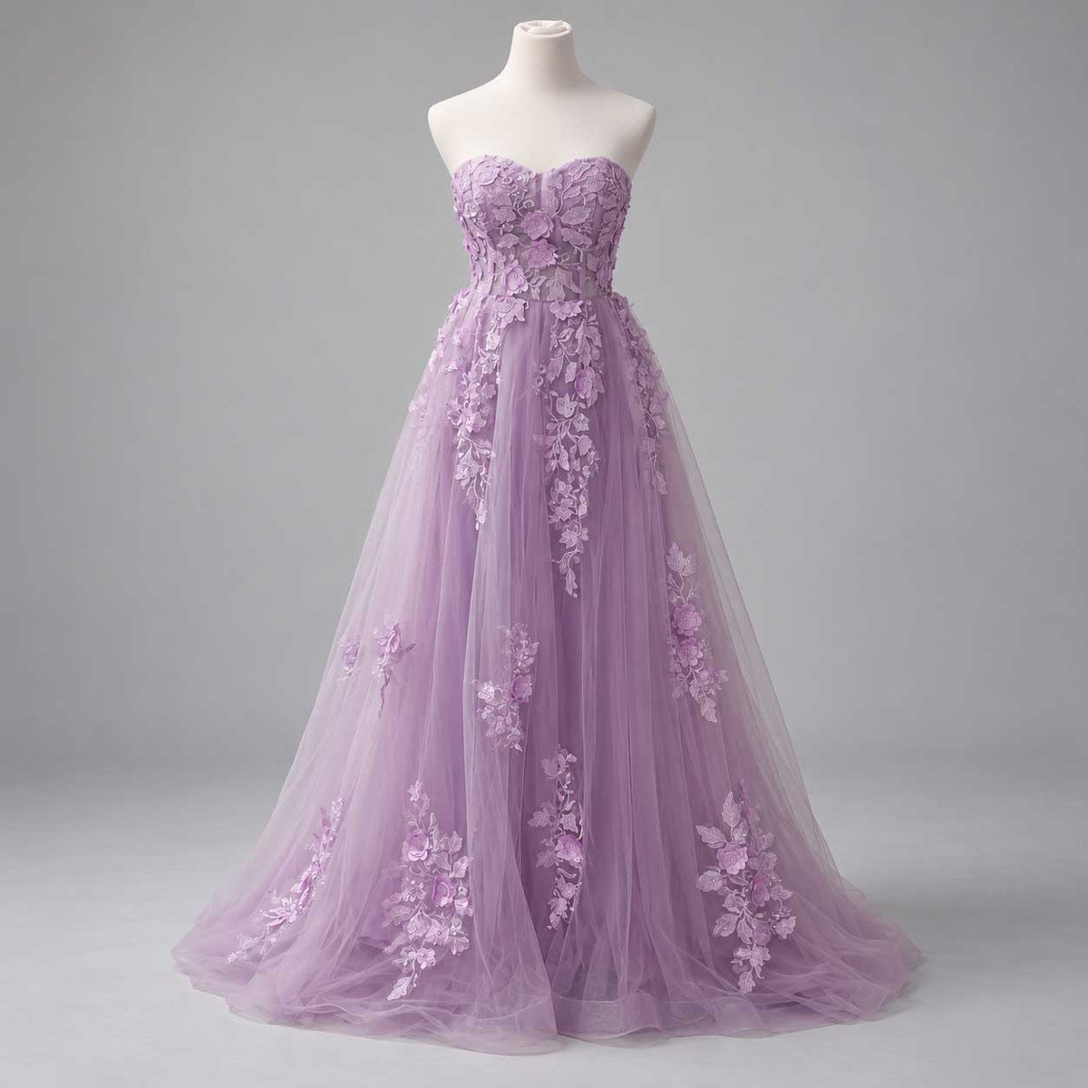 Maxi Lilac Floral Appliqué Corset-Back Prom Ball Gown XH1075