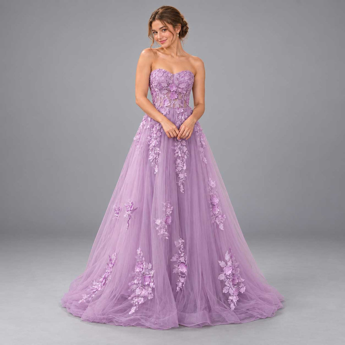 Maxi Lilac Floral Appliqué Corset-Back Prom Ball Gown XH1075